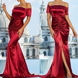 Luxe off shoulder ruched slit thigh holidays party formal satin dress